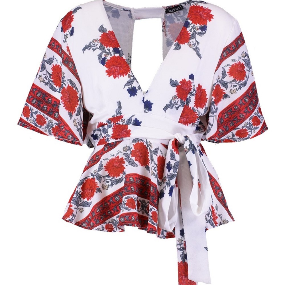 Print Open Back Woven Peplum Top